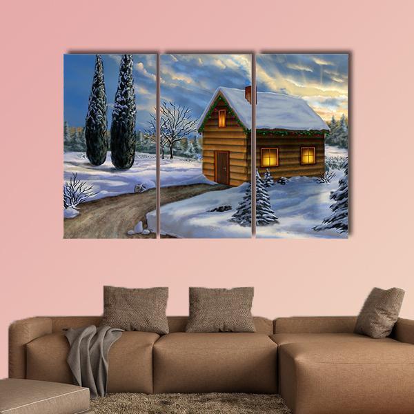 Wooden Cabin In A Snowy Christmas Landscape Canvas Wall Art-3 Horizontal-Gallery Wrap-37&quot; x 24&quot;-Tiaracle