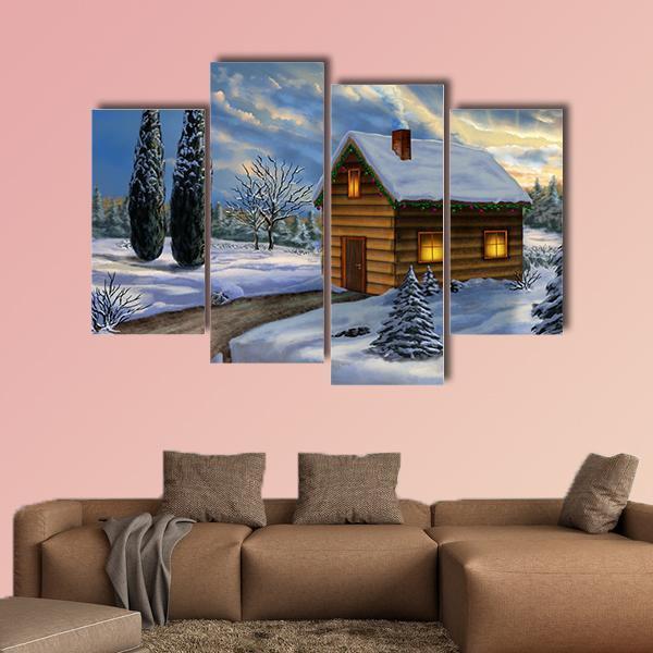 Wooden Cabin In A Snowy Christmas Landscape Canvas Wall Art-4 Pop-Gallery Wrap-50&quot; x 32&quot;-Tiaracle