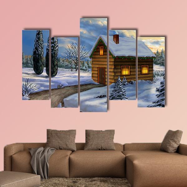 Wooden Cabin In A Snowy Christmas Landscape Canvas Wall Art-5 Pop-Gallery Wrap-47&quot; x 32&quot;-Tiaracle
