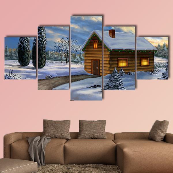 Wooden Cabin In A Snowy Christmas Landscape Canvas Wall Art-5 Star-Gallery Wrap-62&quot; x 32&quot;-Tiaracle