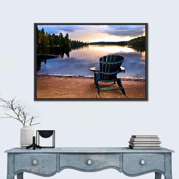 Wooden Chair On Beach Of Relaxing Lake Canvas Wall Art-1 Piece-Floating Frame-24" x 16"-Tiaracle