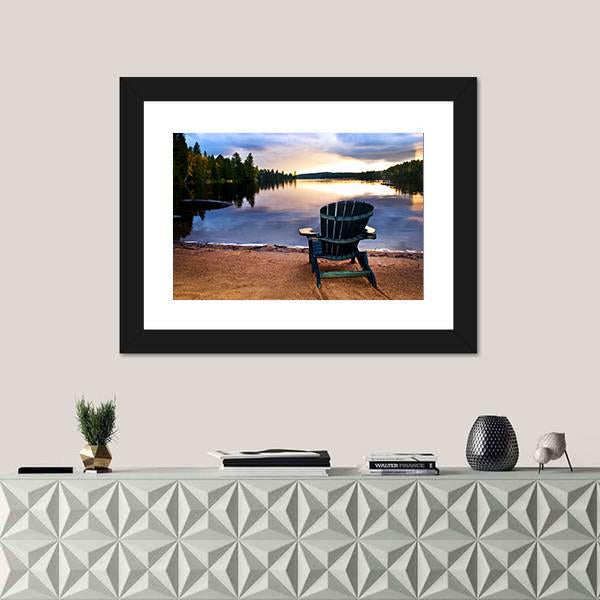 Wooden Chair On Beach Of Relaxing Lake Canvas Wall Art-1 Piece-Framed Print-20" x 16"-Tiaracle