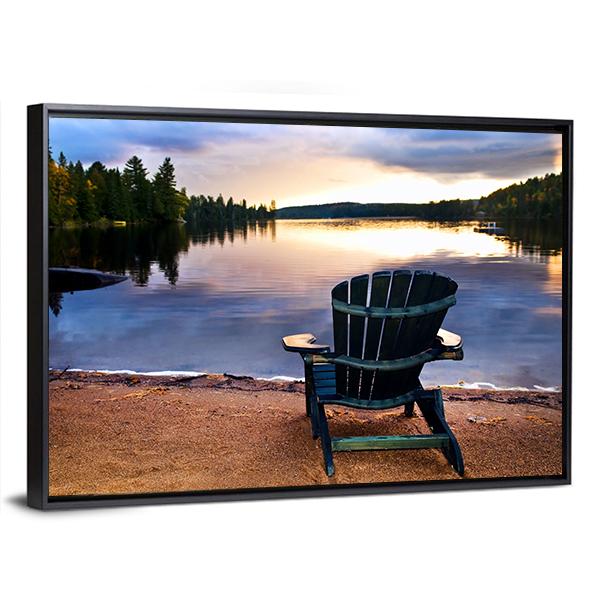 Wooden Chair On Beach Of Relaxing Lake Canvas Wall Art-3 Horizontal-Gallery Wrap-25" x 16"-Tiaracle