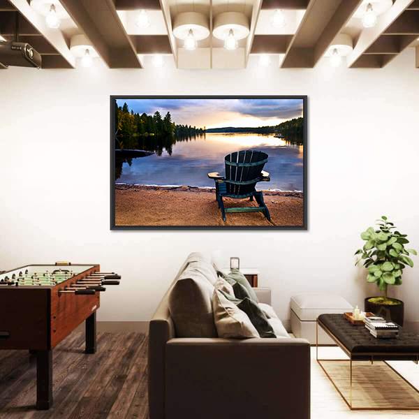 Wooden Chair On Beach Of Relaxing Lake Canvas Wall Art-3 Horizontal-Gallery Wrap-25" x 16"-Tiaracle