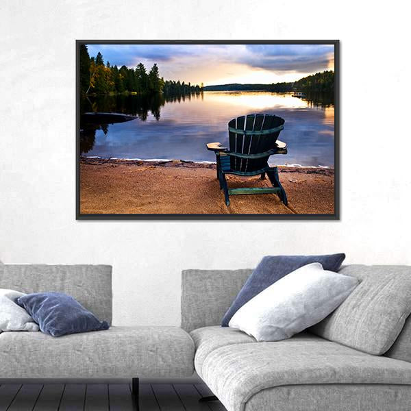 Wooden Chair On Beach Of Relaxing Lake Canvas Wall Art-3 Horizontal-Gallery Wrap-25" x 16"-Tiaracle