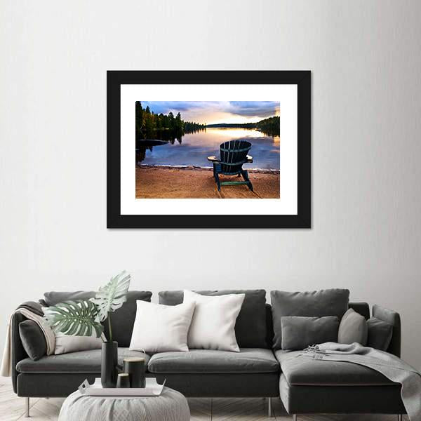 Wooden Chair On Beach Of Relaxing Lake Canvas Wall Art-3 Horizontal-Gallery Wrap-25" x 16"-Tiaracle