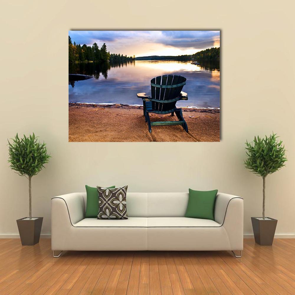 Wooden Chair On Beach Of Relaxing Lake Canvas Wall Art - Tiaracle