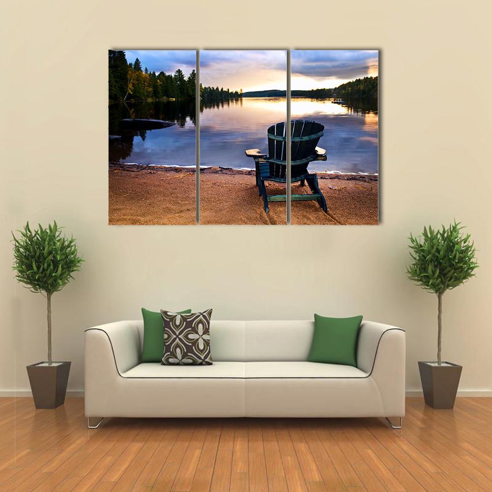 Wooden Chair On Beach Of Relaxing Lake Canvas Wall Art-3 Horizontal-Gallery Wrap-37" x 24"-Tiaracle