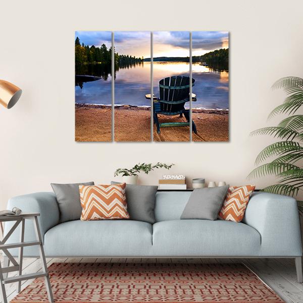 Wooden Chair On Beach Of Relaxing Lake Canvas Wall Art-4 Horizontal-Gallery Wrap-34" x 24"-Tiaracle