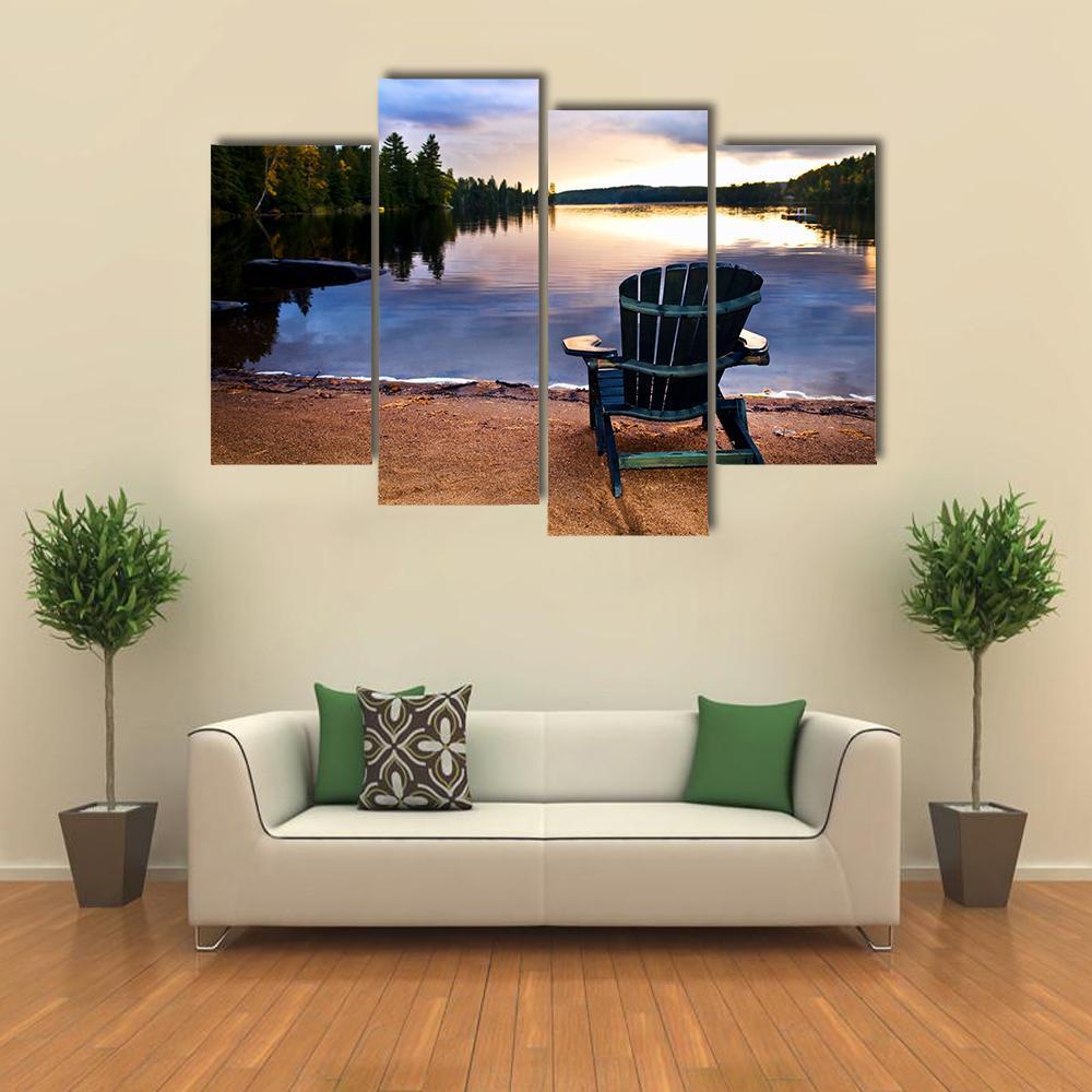 Wooden Chair On Beach Of Relaxing Lake Canvas Wall Art-4 Pop-Gallery Wrap-50" x 32"-Tiaracle