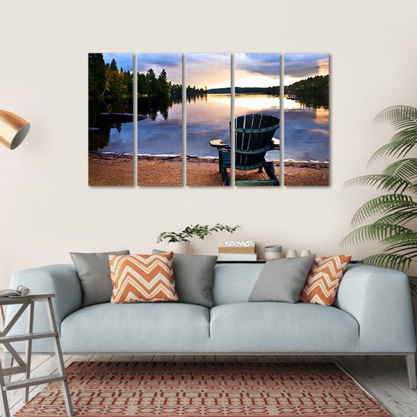 Wooden Chair On Beach Of Relaxing Lake Canvas Wall Art-5 Horizontal-Gallery Wrap-22" x 12"-Tiaracle