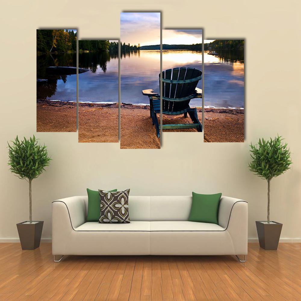 Wooden Chair On Beach Of Relaxing Lake Canvas Wall Art-5 Pop-Gallery Wrap-47" x 32"-Tiaracle