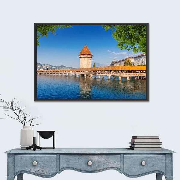 Wooden Chapel Bridge In Luzern Canvas Wall Art-1 Piece-Floating Frame-24" x 16"-Tiaracle
