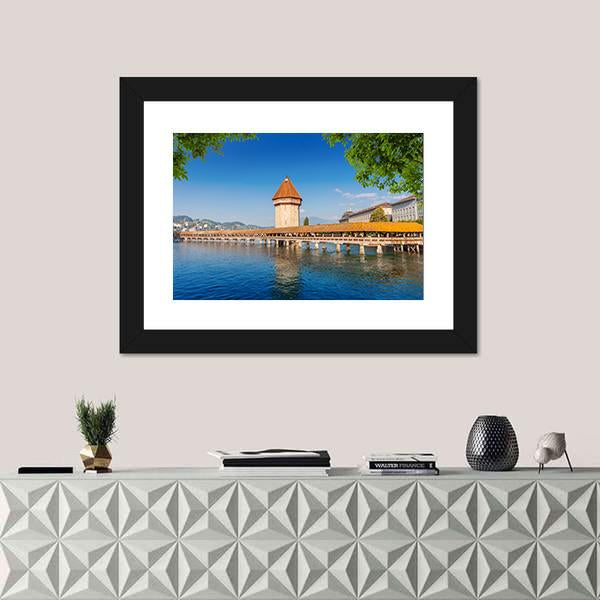 Wooden Chapel Bridge In Luzern Canvas Wall Art-1 Piece-Framed Print-20" x 16"-Tiaracle