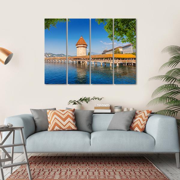 Wooden Chapel Bridge In Luzern Canvas Wall Art-4 Horizontal-Gallery Wrap-34" x 24"-Tiaracle
