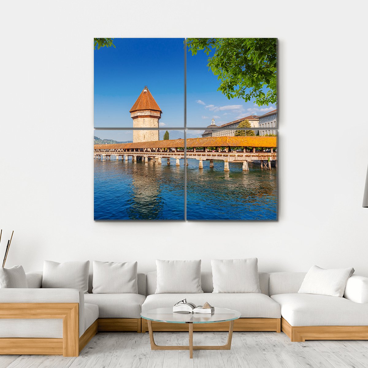 Wooden Chapel Bridge In Luzern Canvas Wall Art-4 Square-Gallery Wrap-17" x 17"-Tiaracle