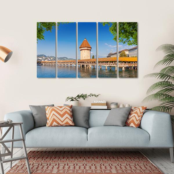 Wooden Chapel Bridge In Luzern Canvas Wall Art-5 Horizontal-Gallery Wrap-22" x 12"-Tiaracle