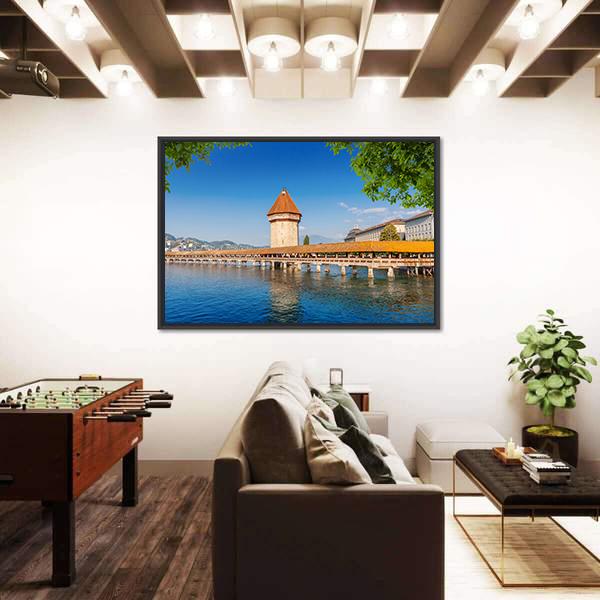 Wooden Chapel Bridge In Luzern Canvas Wall Art-3 Horizontal-Gallery Wrap-25" x 16"-Tiaracle