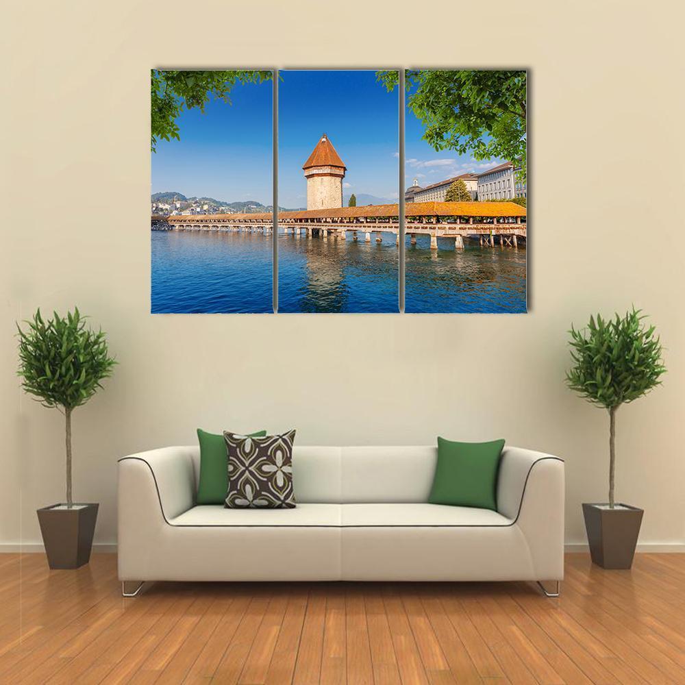Wooden Chapel Bridge In Luzern Canvas Wall Art-3 Horizontal-Gallery Wrap-37" x 24"-Tiaracle