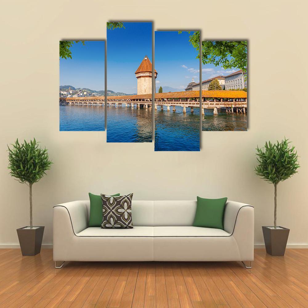 Wooden Chapel Bridge In Luzern Canvas Wall Art-4 Pop-Gallery Wrap-50" x 32"-Tiaracle