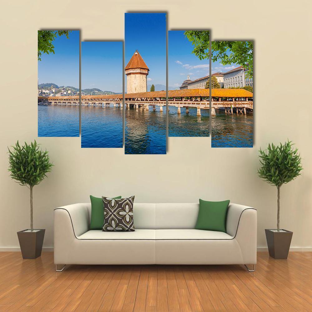 Wooden Chapel Bridge In Luzern Canvas Wall Art-5 Pop-Gallery Wrap-47" x 32"-Tiaracle