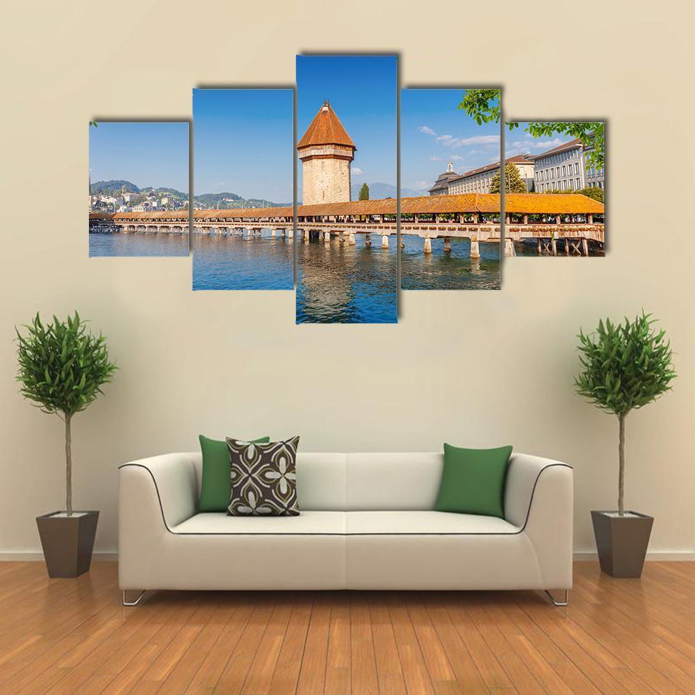 Wooden Chapel Bridge In Luzern Canvas Wall Art-5 Star-Gallery Wrap-62" x 32"-Tiaracle