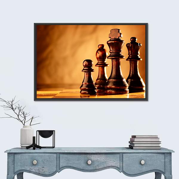 Wooden Chess Pieces Standing In A Line On A Chessboard Canvas Wall Art-1 Piece-Floating Frame-24" x 16"-Tiaracle