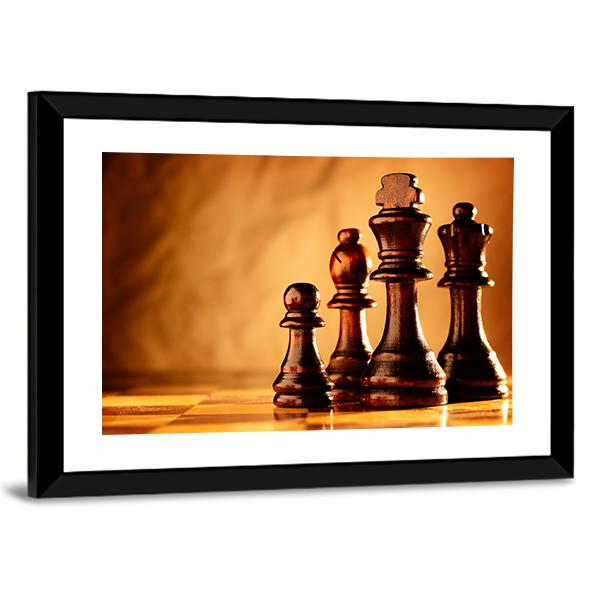 Wooden Chess Pieces Standing In A Line On A Chessboard Canvas Wall Art-5 Horizontal-Gallery Wrap-22" x 12"-Tiaracle