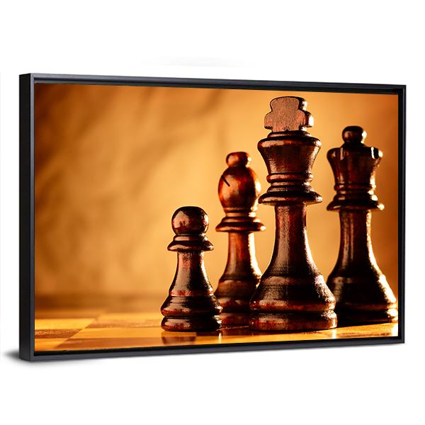 Wooden Chess Pieces Standing In A Line On A Chessboard Canvas Wall Art-5 Horizontal-Gallery Wrap-22" x 12"-Tiaracle