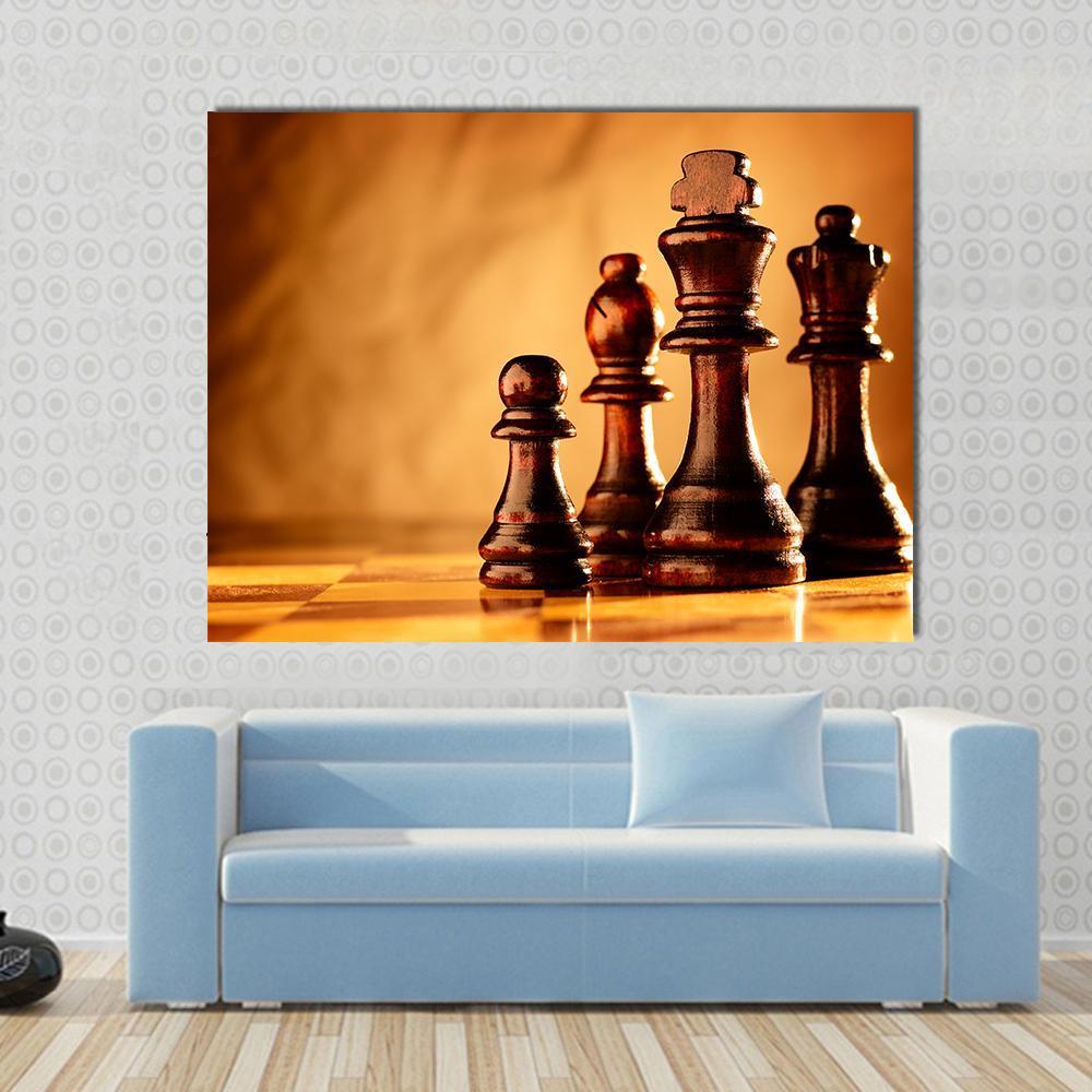 Wooden Chess Pieces Standing In A Line On A Chessboard Canvas Wall Art-1 Piece-Gallery Wrap-48" x 32"-Tiaracle