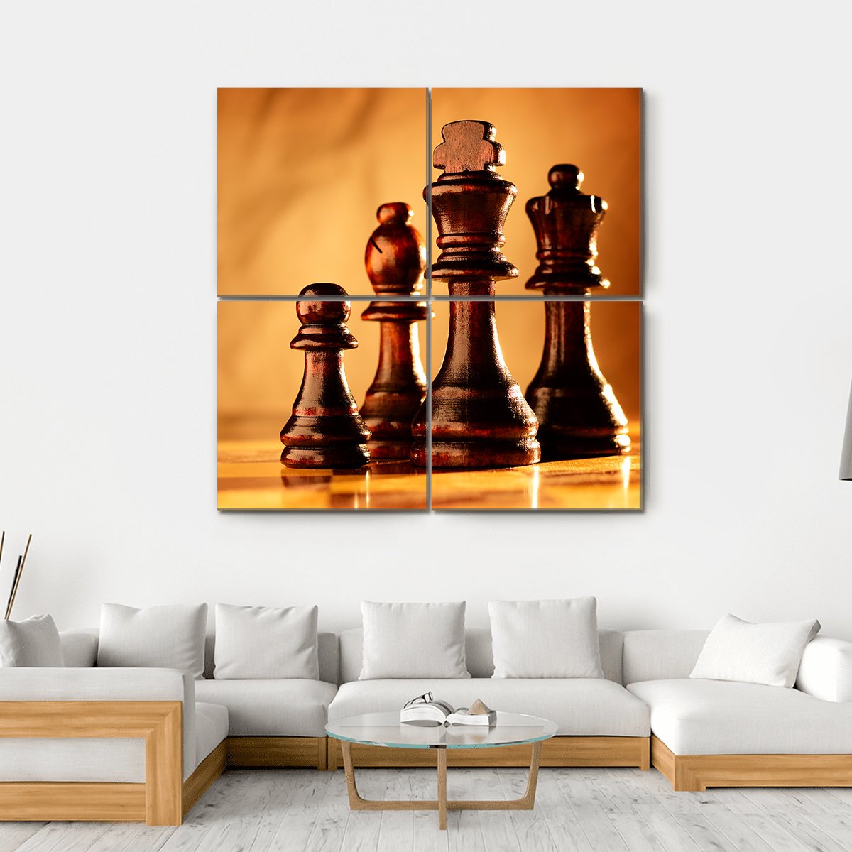 Wooden Chess Pieces Standing In A Line On A Chessboard Canvas Wall Art-4 Horizontal-Gallery Wrap-34" x 24"-Tiaracle