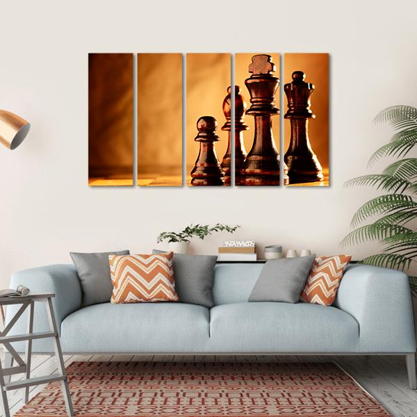 Wooden Chess Pieces Standing In A Line On A Chessboard Canvas Wall Art-5 Horizontal-Gallery Wrap-22" x 12"-Tiaracle
