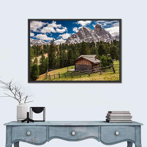 Wooden Cottage In Dolomites Canvas Wall Art-1 Piece-Floating Frame-24" x 16"-Tiaracle