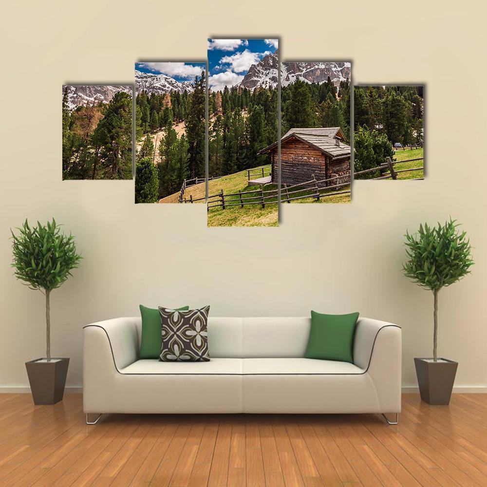 Wooden Cottage In Dolomites Canvas Wall Art-5 Star-Gallery Wrap-62" x 32"-Tiaracle