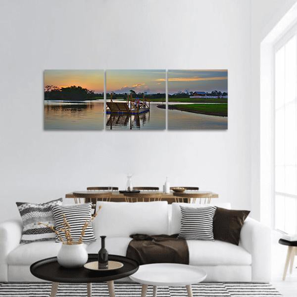 Wooden Ferry Boat In Lake Panoramic Canvas Wall Art-3 Piece-25" x 08"-Tiaracle