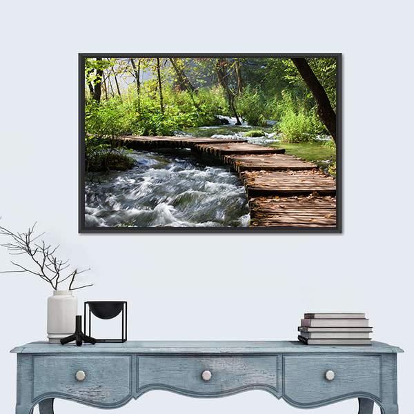 Wooden Foot Bridge Across The Stream In Forest Canvas Wall Art-1 Piece-Floating Frame-24" x 16"-Tiaracle