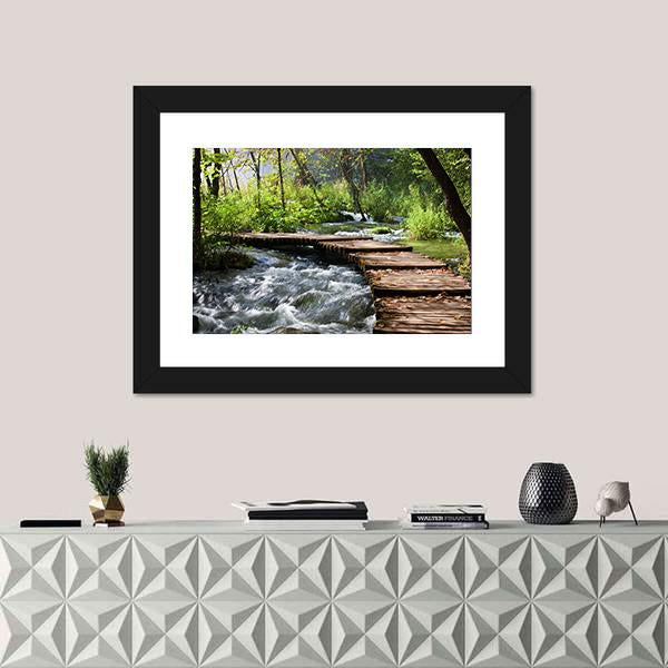 Wooden Foot Bridge Across The Stream In Forest Canvas Wall Art-1 Piece-Framed Print-20" x 16"-Tiaracle
