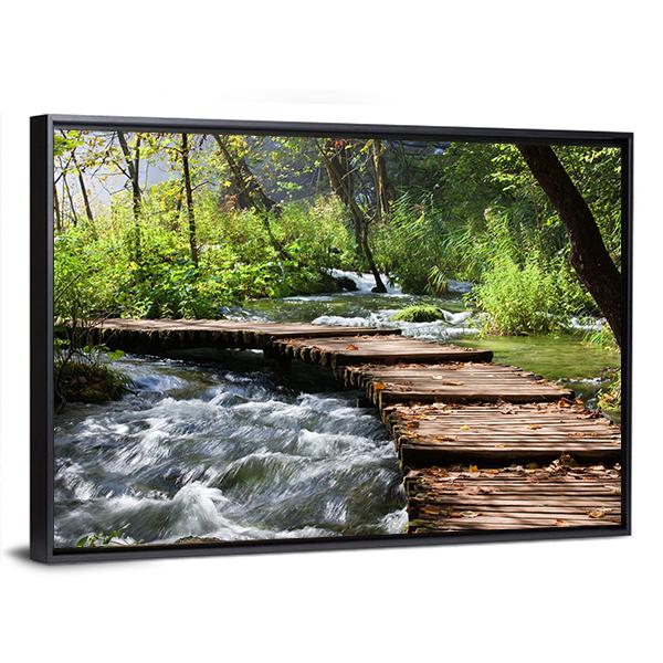 Wooden Foot Bridge Across The Stream In Forest Canvas Wall Art-3 Horizontal-Gallery Wrap-25" x 16"-Tiaracle