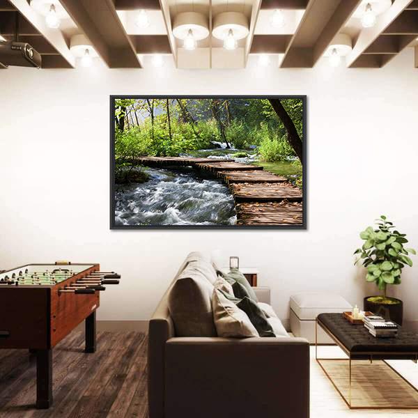 Wooden Foot Bridge Across The Stream In Forest Canvas Wall Art-3 Horizontal-Gallery Wrap-25" x 16"-Tiaracle