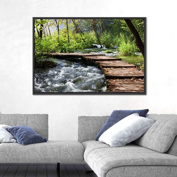 Wooden Foot Bridge Across The Stream In Forest Canvas Wall Art-3 Horizontal-Gallery Wrap-25" x 16"-Tiaracle