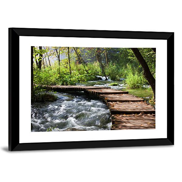 Wooden Foot Bridge Across The Stream In Forest Canvas Wall Art-3 Horizontal-Gallery Wrap-25" x 16"-Tiaracle