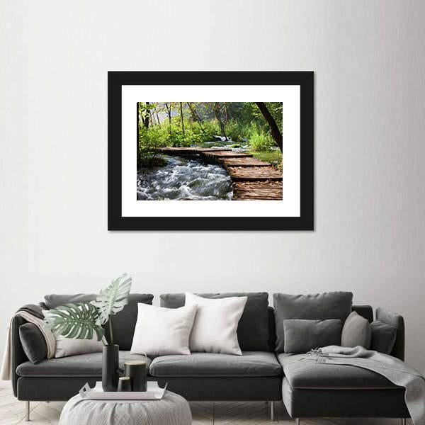 Wooden Foot Bridge Across The Stream In Forest Canvas Wall Art-3 Horizontal-Gallery Wrap-25" x 16"-Tiaracle