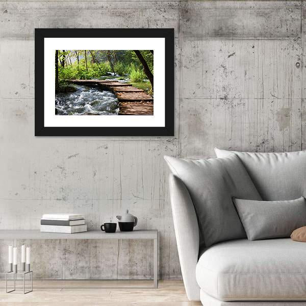 Wooden Foot Bridge Across The Stream In Forest Canvas Wall Art-3 Horizontal-Gallery Wrap-25" x 16"-Tiaracle