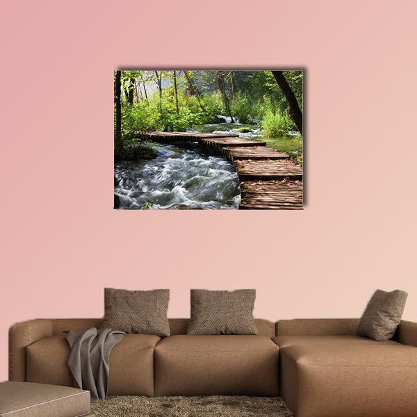 Wooden Foot Bridge Across The Stream In Forest Canvas Wall Art-1 Piece-Gallery Wrap-48" x 32"-Tiaracle