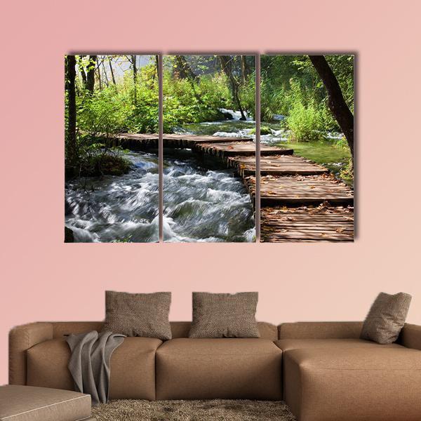 Wooden Foot Bridge Across The Stream In Forest Canvas Wall Art-3 Horizontal-Gallery Wrap-37" x 24"-Tiaracle