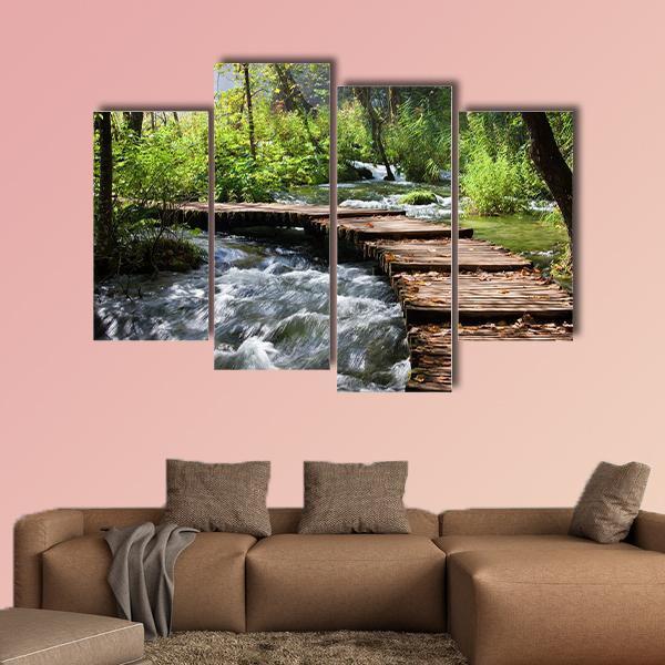 Wooden Foot Bridge Across The Stream In Forest Canvas Wall Art-1 Piece-Gallery Wrap-48" x 32"-Tiaracle