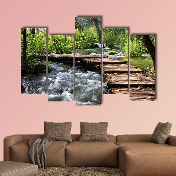 Wooden Foot Bridge Across The Stream In Forest Canvas Wall Art-5 Pop-Gallery Wrap-47" x 32"-Tiaracle