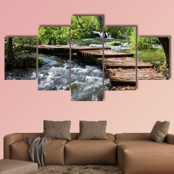 Wooden Foot Bridge Across The Stream In Forest Canvas Wall Art-5 Star-Gallery Wrap-62" x 32"-Tiaracle