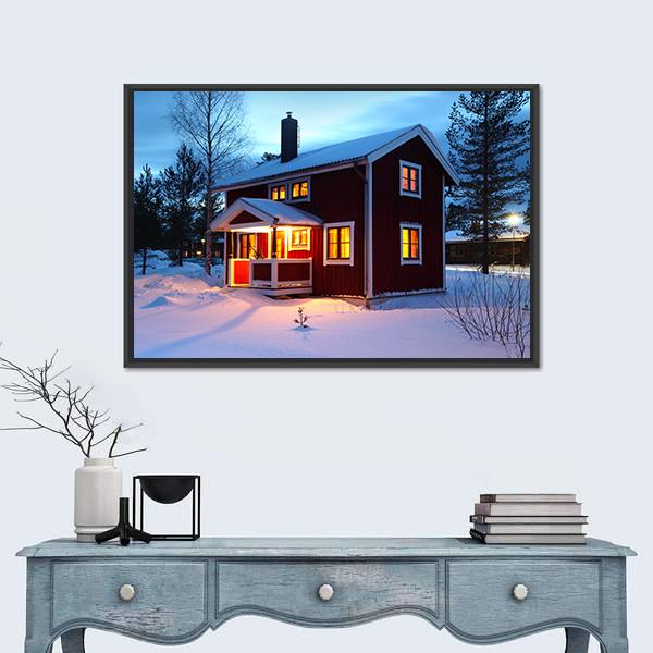 Wooden House In Sweden During Winter By Night Canvas Wall Art-1 Piece-Floating Frame-24" x 16"-Tiaracle