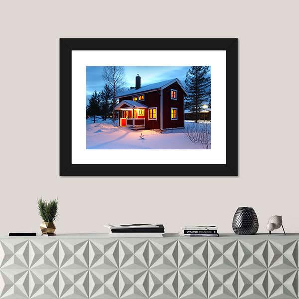 Wooden House In Sweden During Winter By Night Canvas Wall Art-1 Piece-Framed Print-20" x 16"-Tiaracle
